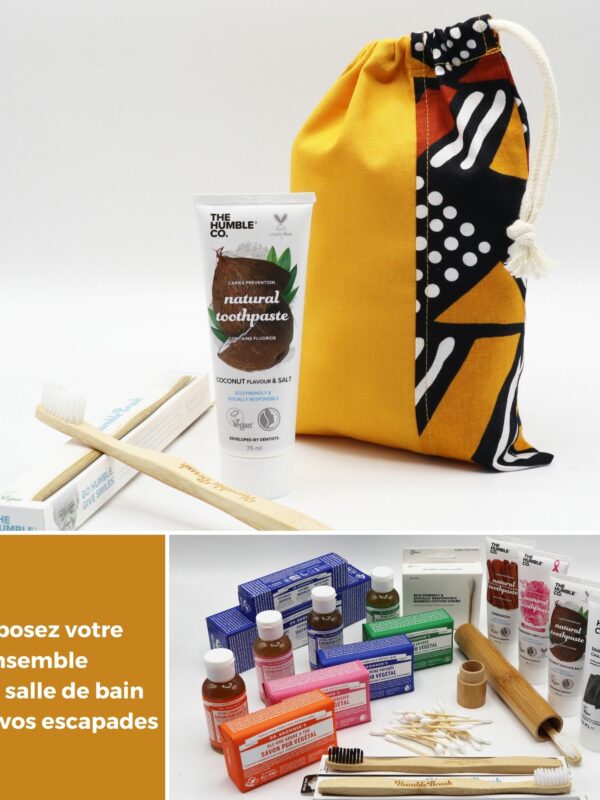 Box prêt à partir avec produits de toilette de la collection Bogolan de Poropango