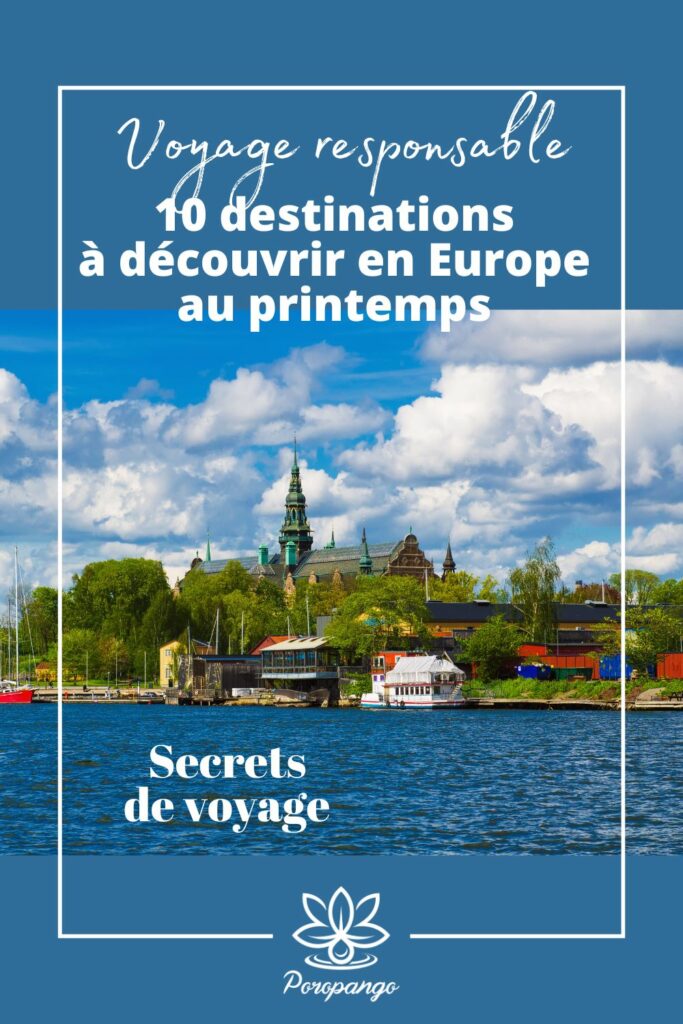 Image invitant à découvrir notre dernier article de blog sur les destinations de voyage éco-responsables à découvrir au printemps. Cette image représente Djurgården à Stockholm, Suède, une destination éco-responsable pour un voyage durable et respectueux de l'environnement. Voyagez responsable avec Poropango !