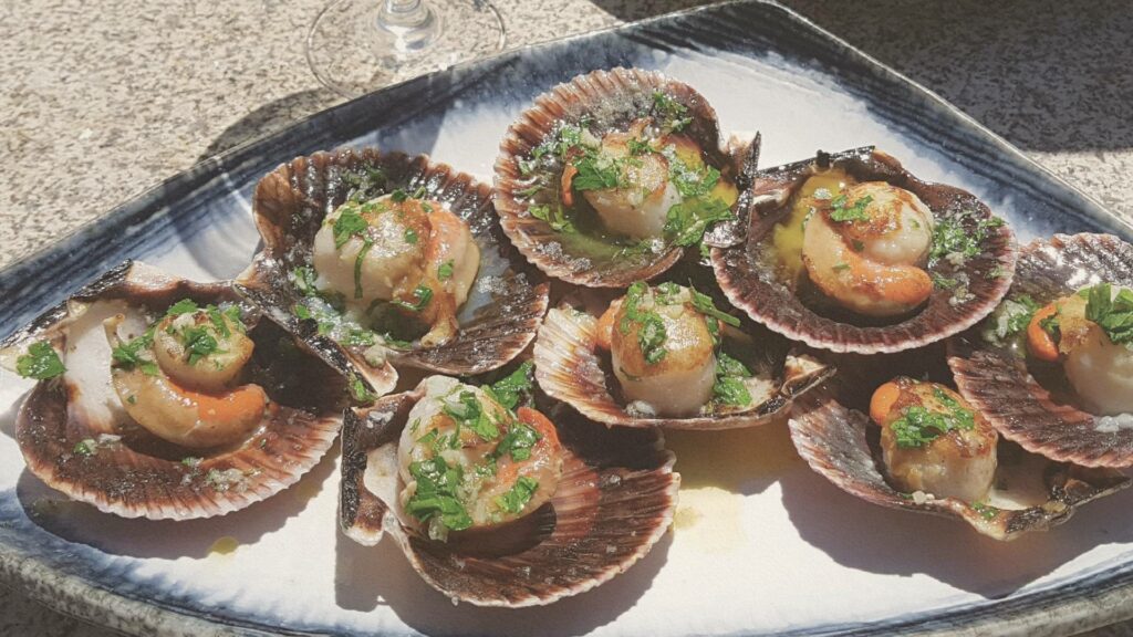 Plateau de fruits de mer frais sur une table en bois face à la mer, huîtres de Cancale et crevettes rosées sous le soleil d’été.