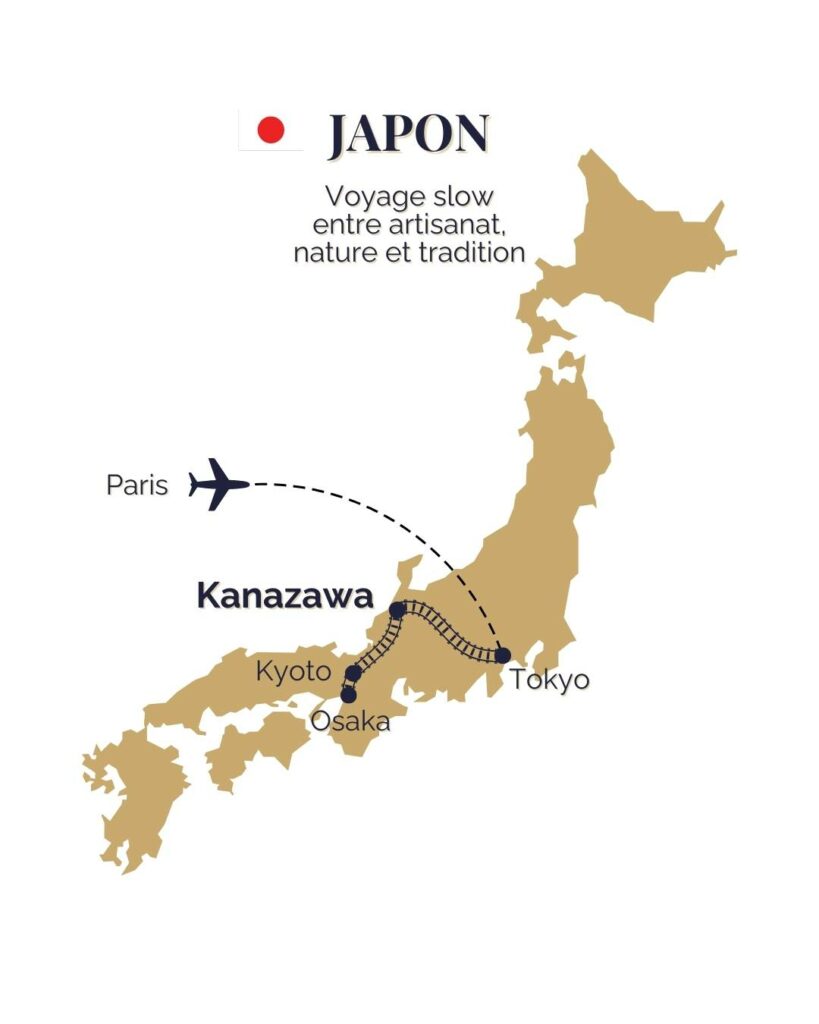 Carte illustrée des trajets vers Kanazawa depuis Paris, Tokyo, Kyoto et Osaka