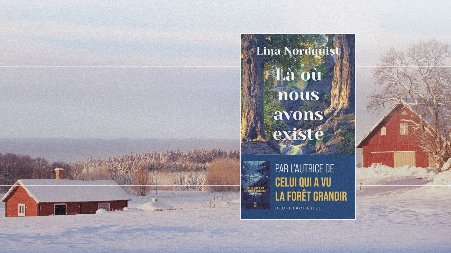 Couverture du roman Là où nous avons existé de Lina Nordquist avec en arrière-plan une vue panoramique du village de Rengsjö, en Suède.