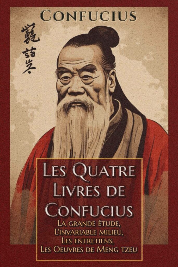 Couverture du livre Les Quatre Livres de Confucius, avec une illustration traditionnelle du philosophe chinois en habit rouge et une calligraphie en caractères chinois. Le recueil comprend La Grande Étude, L’Invariable Milieu, Les Entretiens et les Œuvres de Meng Tzeu.