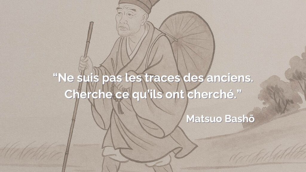 Citation de Matsuo Bashō : "Ne suis pas les traces des anciens. Cherche ce qu’ils ont cherché." illustrée par une peinture traditionnelle.