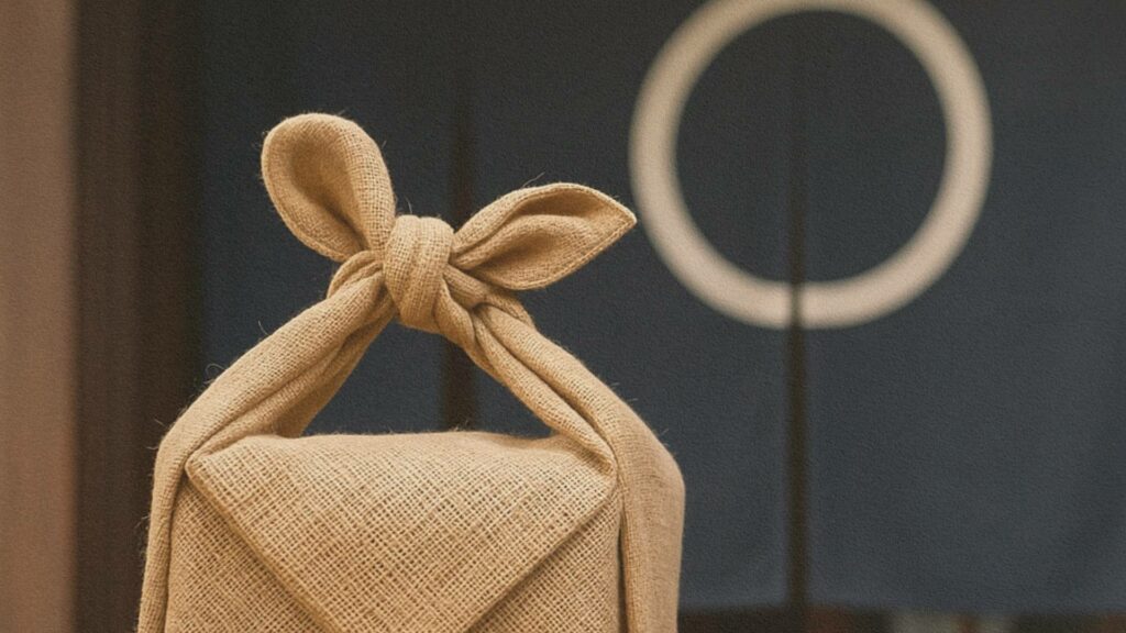 Furoshiki en toile noué autour d’un paquet, suspendu devant un noren traditionnel – illustration de l’art japonais du tissu comme geste de soin et de transmission.